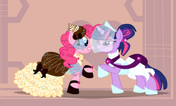 Size: 1108x671 | Tagged: safe, artist:darkwingsnark, pinkie pie, twilight sparkle, g4, clothes, dress, female, lesbian, ship:twinkie, shipping, wedding