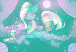 Size: 1024x699 | Tagged: safe, artist:mujinai, trixie, pony, unicorn, g4, curtains, drink, drinking straw, female, full moon, heart, mare, moon, smiling, sparkles, stars
