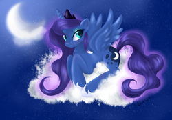 Size: 1956x1360 | Tagged: safe, artist:lizzyrascal, princess luna, alicorn, pony, g4, cloud, crescent moon, female, mare, night, night sky, on a cloud, prone, sky, solo, spread wings, wings