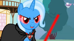 Size: 903x508 | Tagged: safe, edit, edited screencap, screencap, trixie, pony, unicorn, g4, magic duel, energy weapon, female, hooves, horn, hub logo, levitation, lightsaber, magic, magical artifact, mare, open mouth, red eyes, sith, solo, star wars, telekinesis, weapon