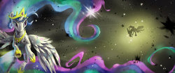 Size: 1024x429 | Tagged: safe, artist:ruffu, discord, princess celestia, pony, g4, space