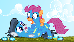 Size: 8000x4501 | Tagged: safe, artist:daringdashie, rumble, scootaloo, pegasus, g4, absurd resolution, cloud, colt, female, filly, foal, goggles, grass, grin, male, ship:rumbloo, shipping, smiling, straight, tickling, wonderbolts uniform