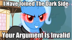 Size: 643x354 | Tagged: safe, artist:grumbeerkopp, edit, edited screencap, screencap, trixie, pony, unicorn, g4, magic duel, alicorn amulet, cape, clothes, dark side, evil, female, glowing eyes, grin, image macro, looking at you, mare, meme, ponyville, red eyes, smiling, smirk, solo, text, town hall, your argument is invalid