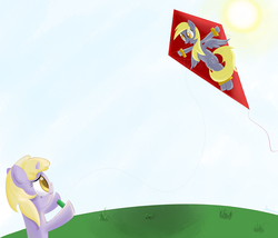 Size: 2500x2144 | Tagged: safe, artist:jonsmann, derpy hooves, dinky hooves, pegasus, pony, g4, equestria's best mother, female, flying, kite, mare, sun