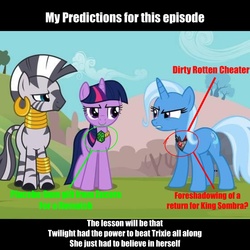 Size: 2048x2048 | Tagged: safe, edit, edited screencap, screencap, trixie, twilight sparkle, zecora, pony, unicorn, zebra, g4, magic duel, circled, ear piercing, earring, female, jewelry, jossed, leg rings, mare, neck rings, piercing, speculation, spoiler, text, unicorn twilight