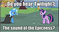 Size: 500x278 | Tagged: safe, edit, edited screencap, editor:eden89, screencap, trixie, twilight sparkle, pony, unicorn, g4, magic duel, cloak, clothes, duo, epic, female, image macro, mare, meme, unicorn twilight