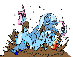 Size: 1000x777 | Tagged: safe, artist:asuraludu, rainbow dash, trixie, pegasus, pony, unicorn, g4, angry, blood, catfight, feather, female, fight, lesbian pony mud wrestling, lying down, mare, mud, nosebleed, on back