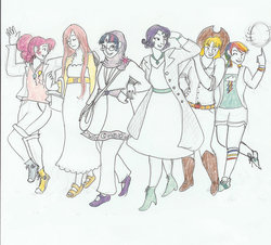 Size: 900x813 | Tagged: safe, artist:vifetoile, applejack, fluttershy, pinkie pie, rainbow dash, rarity, twilight sparkle, g4, ball, clothes, dress, glasses, hijab, humanized, islam, islamashy, mane six, traditional art