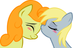 Size: 2437x1608 | Tagged: safe, artist:kennyklent, carrot top, derpy hooves, golden harvest, earth pony, pegasus, pony, g4, female, kissing, lesbian, mare, ship:derpytop, shipping, simple background, transparent background