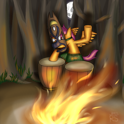 Size: 1000x1000 | Tagged: safe, artist:reakkorshrike, scootaloo, g4, bonfire, clothes, drums, fire, grass skirt, mask, musical instrument, skirt