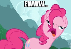 Size: 609x424 | Tagged: safe, edit, edited screencap, screencap, pinkie pie, earth pony, pony, g4, season 3, too many pinkie pies, clone, cropped, disgusted, faic, female, image macro, mare, pinkie clone, pinkie frogmouth, solo, watermark