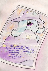 Size: 734x1084 | Tagged: safe, artist:slightlyshade, trixie, pony, unicorn, g4, autograph, female, mare, solo, traditional art