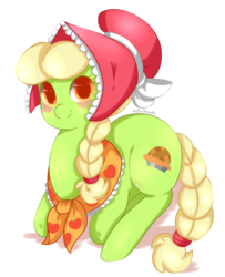 Size: 900x1106 | Tagged: safe, artist:xeella, granny smith, earth pony, pony, g4, adorasmith, blushing, braid, braided tail, cute, female, looking at you, mare, ponyloaf, prone, simple background, solo, transparent background, young granny smith, younger