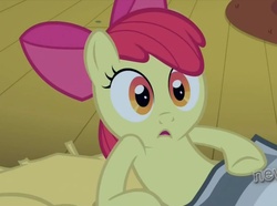 Size: 1398x1038 | Tagged: safe, screencap, apple bloom, earth pony, pony, g4, my little pony: friendship is magic, one bad apple, hub logo, logo, the hub