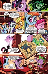 Size: 903x1388 | Tagged: safe, artist:andypriceart, idw, official comic, applejack, pinkie pie, princess cadance, queen chrysalis, rainbow dash, rarity, spike, twilight sparkle, changeling, pony, unicorn, g4, the return of queen chrysalis, spoiler:comic, advertisement, angry, book, comic, damon knight, disguise, disguised changeling, evil grin, glowing, golden oaks library, grin, herding cats, idw advertisement, invasion of the body snatchers, issue 1, jack finney, magic, parchment, preview, quill, smiling, to serve man, unicorn twilight