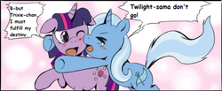 Size: 500x205 | Tagged: safe, artist:darkstarchan, artist:emerol, edit, trixie, twilight sparkle, g4, comic, female, hug, japanese, lesbian, ship:twixie, shipping