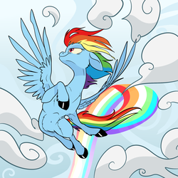 Size: 2000x2000 | Tagged: safe, artist:xenon, rainbow dash, pegasus, pony, g4, alternate design, belly button, cloud, female, flying, mare, rainbow trail, solo, unshorn fetlocks