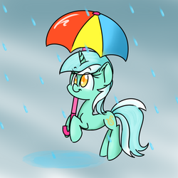 Size: 900x900 | Tagged: safe, artist:lemon-heartss, lyra heartstrings, pony, unicorn, g4, colored pupils, female, rain, smiling, solo, umbrella