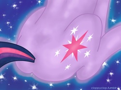 Size: 640x479 | Tagged: safe, artist:cloppyclop, twilight sparkle, pony, unicorn, g4, butt, butt only, donk shine, dusk shine, male, plot, rear view, rule 63, sitting, solo, stars, twibutt, unicorn dusk shine