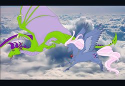 Size: 1280x880 | Tagged: safe, artist:sinister-scribe, wind whistler, dragon, pegasus, pony, g1, cloud, duo, female, flying, hoers, mare, realistic, realistic anatomy, realistic horse legs, spread wings, wings