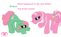 Size: 692x417 | Tagged: safe, artist:kpendragon, minty, pinkie pie (g3), earth pony, pony, a very minty christmas, g3, 2009, confused, crouching, duo, duo female, ears back, female, freckles, mare, oh minty minty minty, simple background, speech, talking, text, transparent background, worried, you broke santa