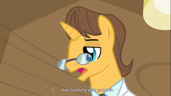 Size: 1366x768 | Tagged: safe, edit, edited screencap, screencap, doctor horse, doctor stable, pony, unicorn, g4, read it and weep, caption, euphemism, innuendo, male, stallion, text, youtube caption