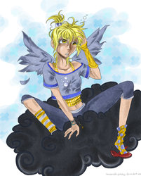Size: 900x1121 | Tagged: dead source, safe, artist:temperednightsky, derpy hooves, human, g4, humanized, winged humanization