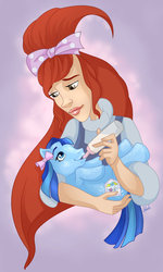 Size: 600x998 | Tagged: safe, artist:madam-marla, denim blue, draggle, earth pony, human, pony, g1, g3, 2011, baby bottle, bow, duo, duo female, female, generational ponidox, hair bow, lavender background, looking at each other, looking at someone, simple background, witch