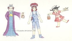 Size: 800x457 | Tagged: safe, artist:sootness, draggle, hydia, reeka, human, g1, 2009, bow, bucket, clothes, dress, female, hair bow, overalls, pigtails, pot on head, shoes, sisters, traditional art, trio, trio female, turtleneck, witch