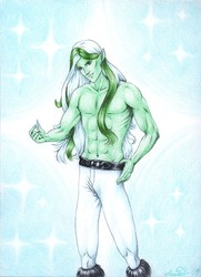 Size: 652x900 | Tagged: safe, artist:yikyik, ice crystal, human, g1, 2009, abs, belt, cheekbones, clothes, collarbone, crystal, eared humanization, female, humanized, light green background, long hair, male, muscles, partial nudity, pecs, solo, sparkles, topless, traditional art