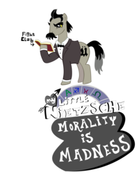 Size: 2409x3012 | Tagged: safe, artist:jewelsfriend, edit, earth pony, pony, book, facial hair, fight club, friedrich nietzsche, glare, logo, logo edit, male, moustache, my little x, ponified, reading, simple background, solo, stallion, transparent background, yellow sclera