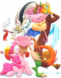 Size: 900x1151 | Tagged: safe, artist:muffyn-man, discord, pinkie pie, g4, chocolate rain, cotton candy cloud, discord being discord, fishing rod, hat, pinkie being pinkie, prehensile tail, traditional art, umbrella hat