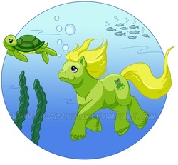 Size: 640x591 | Tagged: safe, artist:lazyjenny, baby leaper, earth pony, fish, pony, turtle, g1, 2009, bubble, colt, foal, holding breath, male, seaweed, swimming, underwater, unshorn fetlocks