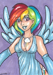 Size: 533x750 | Tagged: safe, artist:nickyflamingo, rainbow dash, human, g4, humanized, traditional art, winged humanization