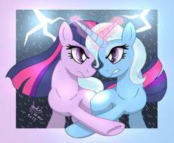 Size: 1090x900 | Tagged: safe, artist:joakaha, trixie, twilight sparkle, g4, magic duel