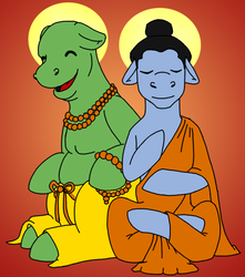 Size: 494x560 | Tagged: safe, artist:thebrigeeda, pony, budai, buddha, buddhism, duo, ponified, religion, siddhartha gautama