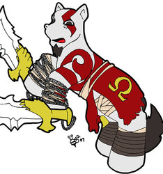 Size: 600x642 | Tagged: safe, artist:thebrigeeda, pony, god of war, kratos, male, ponified, solo, stallion, sword, weapon