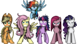 Size: 3113x1784 | Tagged: safe, artist:crunchnugget, applejack, fluttershy, pinkie pie, rainbow dash, rarity, twilight sparkle, earth pony, pegasus, pony, unicorn, g4, angry, appletired, bloodshot eyes, creepypasta, eye twitch, female, flutterrage, flying, glare, grin, gritted teeth, insanity, lasso, looking at you, mane six, mare, mouth hold, pinkamena diane pie, psycho six, rainbow craze, raised hoof, rapeface, rope, simple background, smiling, snapplejack, spread wings, start running, stressity, tiredjack, transparent background, twilight snapple, unicorn twilight, wide eyes