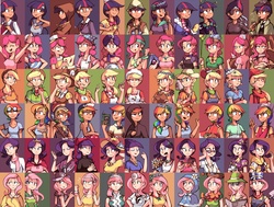 Size: 1804x1362 | Tagged: safe, artist:karzahnii, applejack, chancellor puddinghead, clover the clever, commander hurricane, dj pon-3, fluttershy, pinkie pie, princess platinum, private pansy, rainbow dash, rarity, smart cookie, twilight sparkle, vinyl scratch, human, a bird in the hoof, a canterlot wedding, a friend in deed, baby cakes, dragon quest, fall weather friends, feeling pinkie keen, g4, green isn't your color, hearth's warming eve (episode), hurricane fluttershy, it's about time, lesson zero, mmmystery on the friendship express, over a barrel, party of one, read it and weep, season 1, season 2, secret of my excess, sonic rainboom (episode), suited for success, swarm of the century, sweet and elite, the best night ever, the last roundup, winter wrap up, applejack also dresses in style, applejack's first gala dress, beatnik rarity, beret, binoculars, birthday dress, book, bucketdash, cast, clipboard, clothes, collage, doctor, doctor fluttershy, dress, eyepatch, fire ruby, fluttershy also dresses in style, fluttershy's first gala dress, gala dress, gem, glasses, hat, headband, hearth's warming eve, humanized, madame pinkie, mane six, pinkamena diane pie, pinkie pie also dresses in style, pinkie pie's first gala dress, pipe, rainbow dash always dresses in style, rainbow dash's first gala dress, rarity always dresses in style, rarity's first gala dress, ruby, ruff (clothing), saloon dress, saloon pinkie, solid sparkle, sweater, twilight sparkle always dresses in style, twilight sparkle's first gala dress, workout outfit, wristband