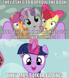 Size: 768x864 | Tagged: safe, edit, edited screencap, screencap, apple bloom, scootaloo, sweetie belle, twilight sparkle, g4, hearts and hooves day (episode), caption, comic, cutie mark crusaders, hearts and hooves day, oblivious, screencap comic