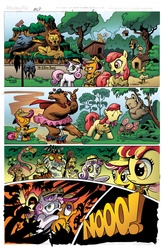 Size: 1035x1600 | Tagged: safe, artist:andypriceart, artist:angieness, idw, official comic, apple bloom, mr. mcbitey-pants, scootaloo, sweetie belle, bat, bear, beaver, big cat, bird, chicken, dog, duck, earth pony, flamingo, koala, lion, lizard, otter, pegasus, pony, reptile, tiger, unicorn, vulture, g4, the return of queen chrysalis, spoiler:comic01, big no, cape, clothes, comic, cutie mark crusaders, disguise, disguised changeling, female, filly, hat, scooter, tutu