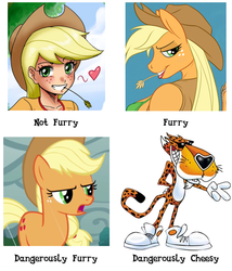 Size: 483x564 | Tagged: safe, artist:johnjoseco, artist:tyelle, edit, edited screencap, screencap, applejack, earth pony, human, pony, anthro, g4, anthro chart, anthro with ponies, applejack's hat, breasts, busty applejack, chart, cheetos, chester cheetah, cowboy hat, dangerously cheesy, dangerously furry, female, furry, hat, heart, humanized, looking at you, mare, meme, meta, stetson, straw in mouth, text, wat
