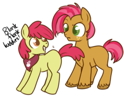 Size: 448x347 | Tagged: safe, artist:lulubell, apple bloom, babs seed, earth pony, pony, g4, applebuck, bob steed, rule 63, ship:appleseed, simple background, transparent background