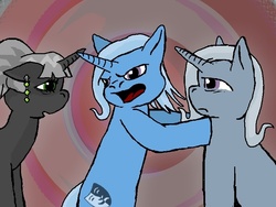 Size: 800x600 | Tagged: safe, artist:louis badalament, trixie, pony, unicorn, pony pov series, g4, alex warlorn, angry, catatonic, discorded, earring, fanfic, fanfic art, female, lexy, mare, morgan, mother, mother and daughter, reharmonized ponies, sisters, thousand yard stare