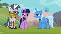 Size: 1920x1080 | Tagged: safe, screencap, trixie, twilight sparkle, zecora, pony, unicorn, zebra, g4, magic duel, season 3, alicorn amulet, female, mare, trio, trio female, unicorn twilight