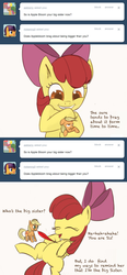 Size: 657x1412 | Tagged: safe, artist:grissaecrim, apple bloom, applejack, ask appletini, g4, appletini, ask, comic, sibling tickling, tickling, tumblr