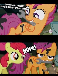 Size: 450x589 | Tagged: safe, apple bloom, scootaloo, g4, alternate cutie mark, chuck testa, cutie mark, grease, meme