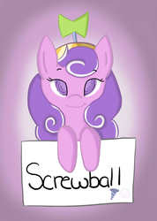 Size: 1131x1592 | Tagged: safe, artist:redsonne, screwball, g4, calm, cute, hat, propeller hat, sign, swirly eyes