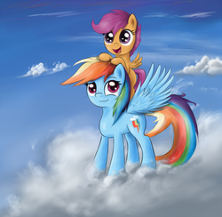 Size: 1393x1362 | Tagged: safe, artist:ohthatandy, rainbow dash, scootaloo, pegasus, pony, g4, bipedal, bipedal leaning, blank flank, cloud, cloudy, female, filly, foal, happy, leaning, mare, on a cloud, open mouth, ponies riding ponies, riding, scootaloo riding rainbow dash, scootalove, sky, spread wings, wings