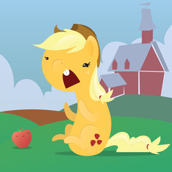 Size: 900x900 | Tagged: safe, artist:professor-ponyarity, applejack, g4, apple, barn, beady eyes, frown, grass, obligatory apple, open mouth